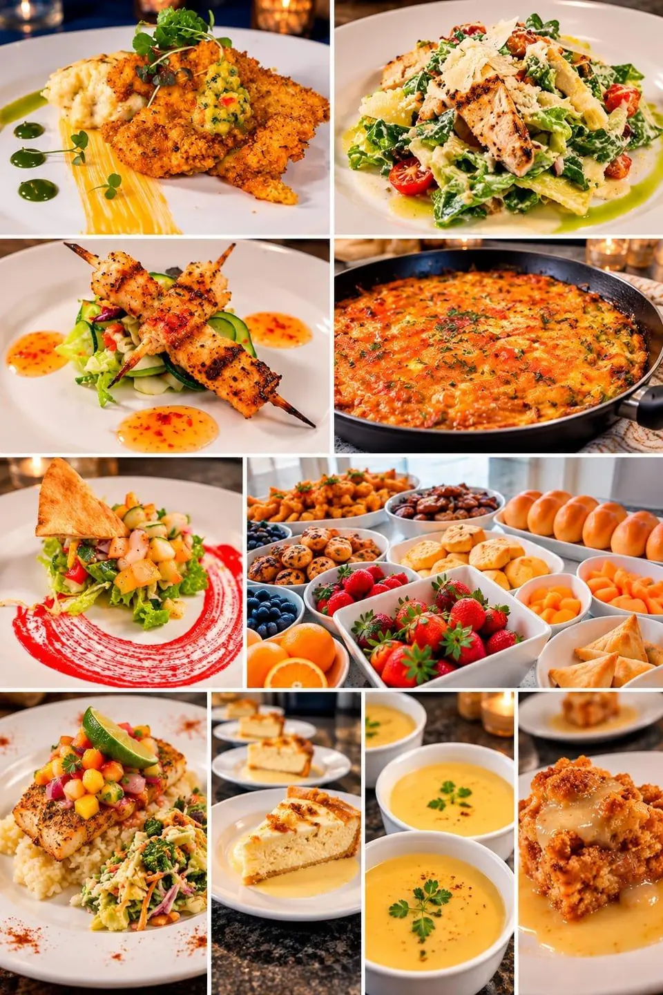 From our chef's kitchen β a collage of dishes made to pop: crumb-crusted entrΓ©e with mash, chicken Caesar salad, grilled skewers, a breakfast frittata in the pan, chopped island salad, the breakfast spread, island fish with mango salsa, cheesecake, creamy soups and a warm crumble dessert