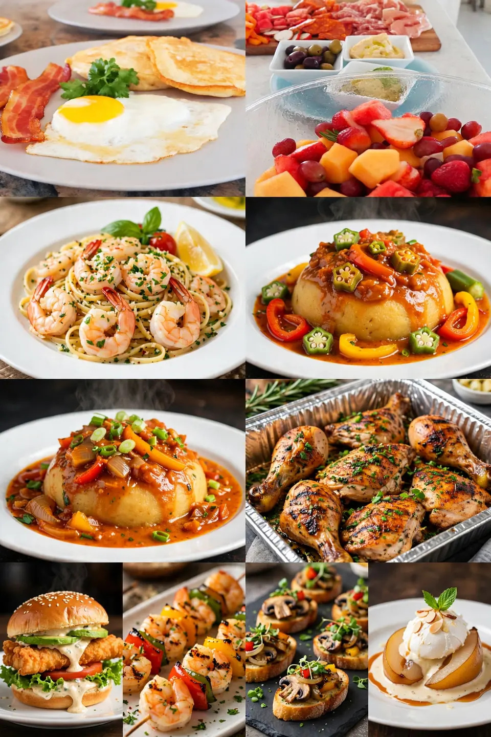 More from our chef's kitchen β a collage of dishes made to pop: breakfast with fried egg, bacon and pancakes, a fresh fruit bowl and charcuterie board, shrimp linguine, Bajan cou-cou with saltfish gravy and okra, trays of grilled chicken, a fried fish sandwich, shrimp and pepper skewers, mushroom crostini and a poached pear dessert
